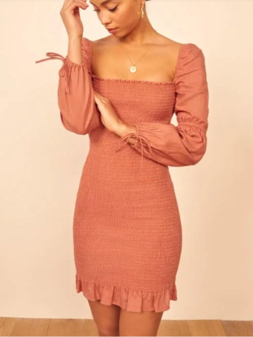 NWOT REFORMATION 100% Linen Hilary Smocked Puff Sleeve Mini Dress XS Salmon Pink